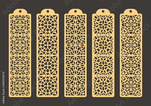 Laser cut panels with swirls lace pattern, template for cutting or wood carving, cutout paper decorative element. Laser cut decorative lace borders patterns. Set of bookmarks templates, vector.