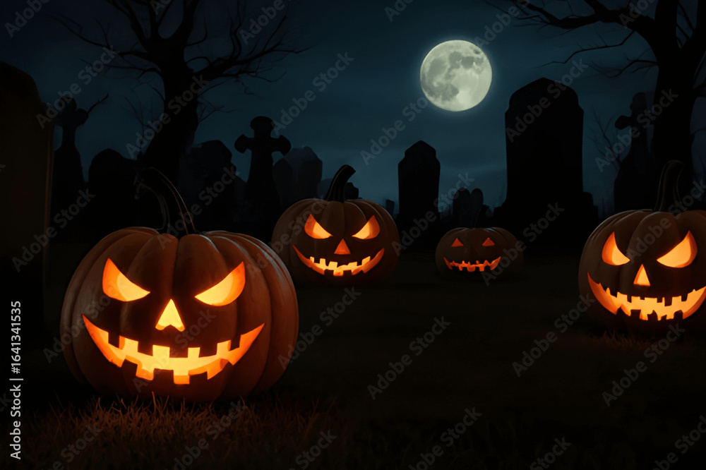 Fototapeta premium Jack O' Lanterns In Graveyard In The Spooky Night - Halloween Backdrop