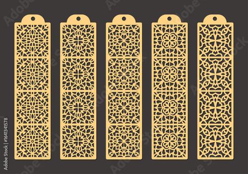 Set of five golden intricate lasercut metal bookmarks with detailed geometric and floral patterns, perfect for book lovers vector