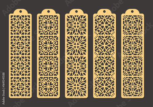 Set of five ornate golden lasercut bookmarks with intricate floral and geometric patterns, perfect for book lovers and crafters vector