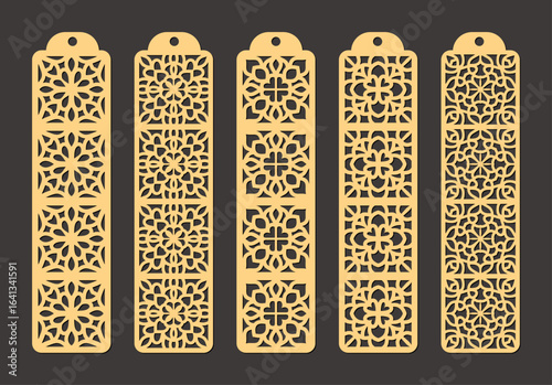 Set of five ornate golden lasercut bookmarks featuring intricate geometric patterns and a hanging hole at the top vector