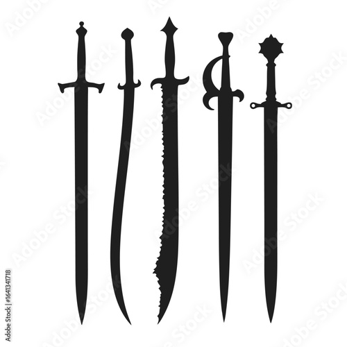 Five Black Sword Silhouettes on White Background swords