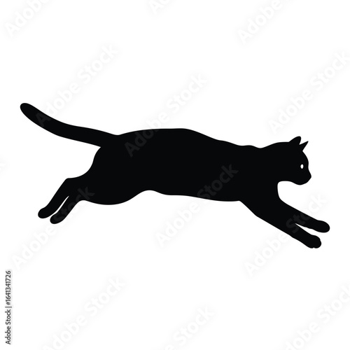 A black silhouette of a cat running and jumping in midair, isolated on a white background, conveying a sense of agility and motion