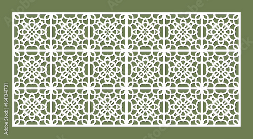 Intricate white geometric pattern on a dark green background, showcasing detailed floral and square motifs, perfect for decorative panels vector