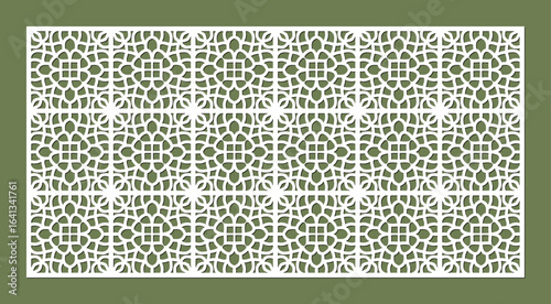 Intricate geometric pattern laser cut screen panel with repeating floral motifs and square elements, white on green background vector