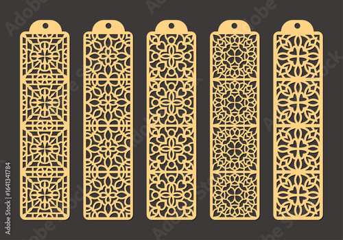 Set of five ornate golden lasercut bookmarks with intricate geometric patterns and floral motifs, perfect for book lovers and crafters vector