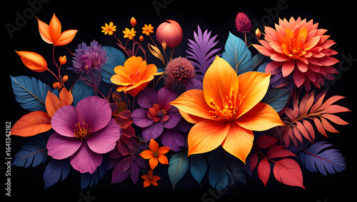 Yellow and orange flowers bloom brightly against a dark background, a colorful nature bouquet