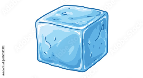 A blue ice cube with visible cracks light reflecting off its surface and a dark blue outline