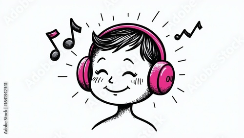 Happy person enjoying music with headphones, cartoon illustration.