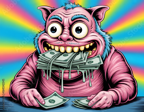Whimsical cartoon creature joyfully holding stacks of cash in a vibrant