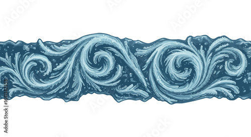 A bluetoned ornamental frost pattern runs horizontally across a white background