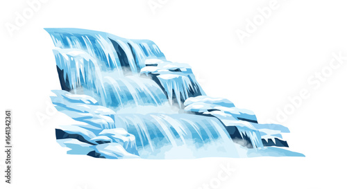 A bluetinted cartoon waterfall cascades down rocky tiers partially covered in snow and long icicles