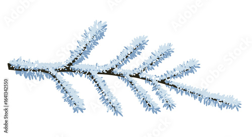 A frosted branch with bluetinged needles covers a light background creating a cold wintry effect