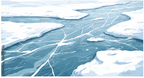A frozen body of water broken by cracks surrounded by snow and icecovered terrain