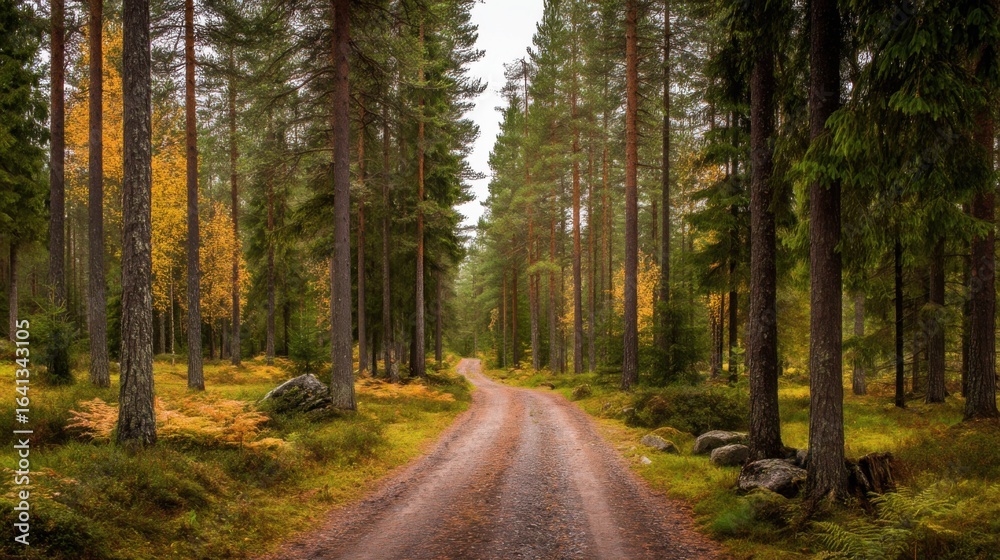 Obraz premium A serene gravel pathway winds through lush green pine trees with scattered yellow-leaved plants,