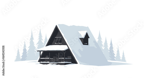 Aframe cabin sits snowcovered among tall lightblue trees against a white background