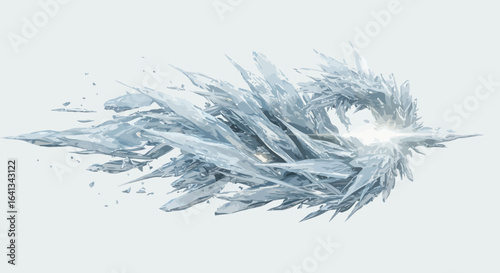 An abstract angular greyishblue fractal design resembling crystal shards radiating from a central bright point