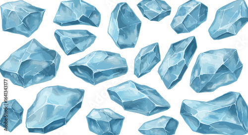 Photos An assortment of lightblue faceted icy chunks against a white background