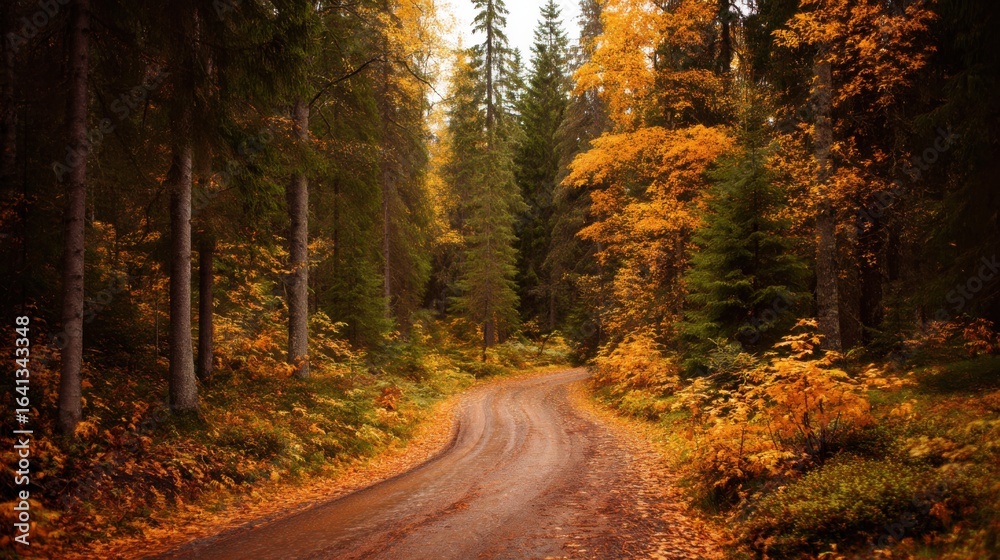 Obraz premium A scenic autumnal pathway winds through a dense forest with vibrant orange, yellow, and red foliage,