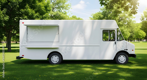 A blank white food truck with an open service window parked on a lush green lawn in a sunny park.