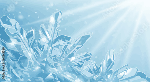 Bluetinted illustration of icy crystals catching light against a light blue background with rays