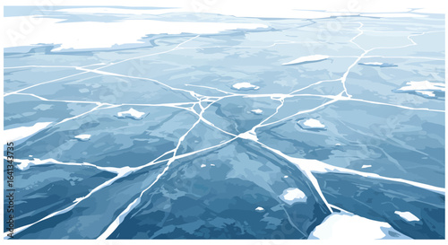 Cracked blue ice stretches across the scene forming a textured landscape with white fractures