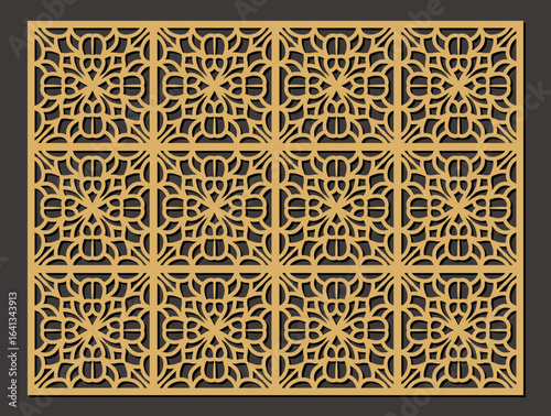 Intricate geometric pattern laser cut panel with repeating floral motifs and square frames, a decorative architectural element vector