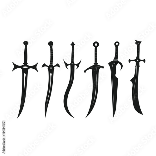 Six Silhouette Fantasy Swords on White Background weapon