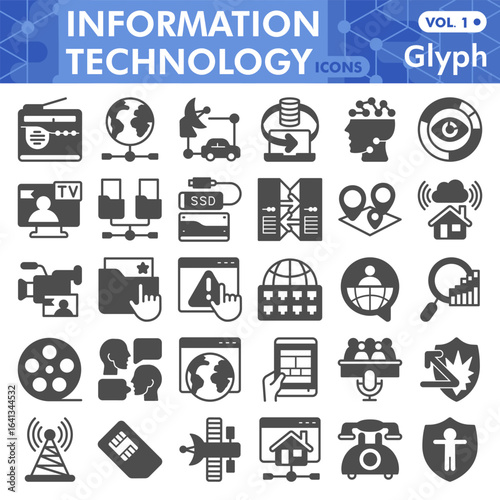 Info tech symbols collection or sketches, technology data theme with glyph style signs for web and app. Vector graphics isolated on white background.