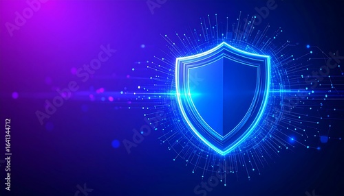 Digital shield graphic, glowing blue