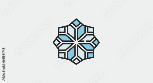 Symmetrical snowflake design with blue fills and black outline on a plain background