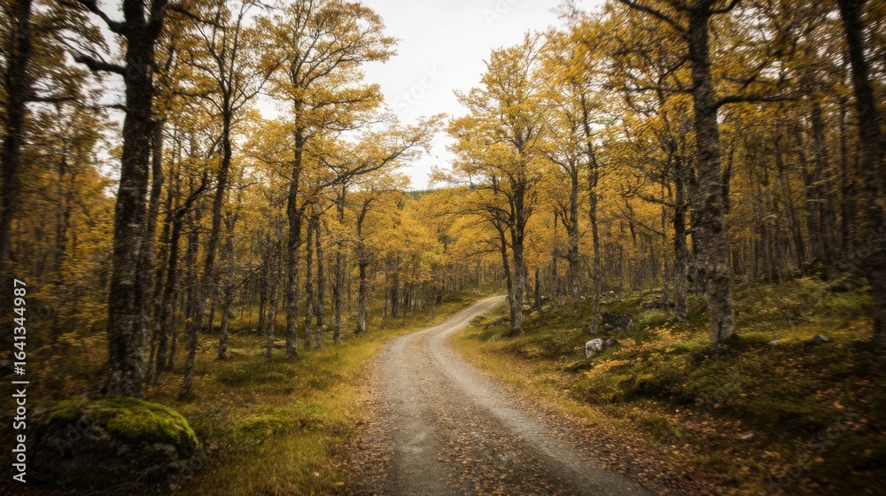 Obraz premium A serene forest road winds through dense trees with yellow foliage,