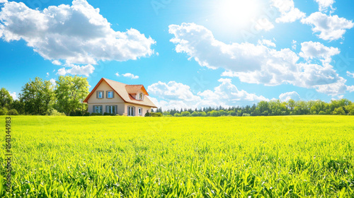 Fototapeta Naklejka Na Ścianę i Meble -  A serene, green field with a house in the distance under a bright, sunny sky with fluffy white clouds.