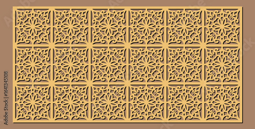 Intricate golden geometric pattern with floral motifs, suitable for laser cutting or architectural decoration, showcasing detailed craftsmanship and elegant design vector design