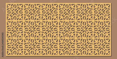 Intricate geometric pattern laser cut panel with repeating floral motif, decorative screen for interior design, architectural element, modern art, elegant home decor vector design
