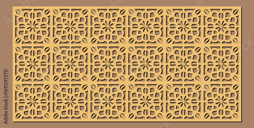 Intricate geometric pattern laser cut panel with repeating floral motifs and square frames, elegant decorative design element for interior or exterior applications vector design