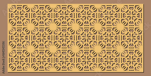 Intricate geometric laser cut panel with repeating floral and starburst motifs, perfect for architectural screens or decorative elements vector design