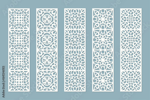 Decorative Laser Cut Lace Panels and Bookmark Vector Collection. Set of bookmarks templates. Cabinet fretwork panel. Lasercut metal panel. Wood carving. Vector. 
