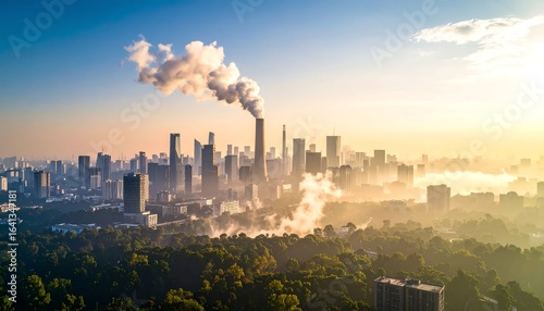 City skyline at sunrise with smoke