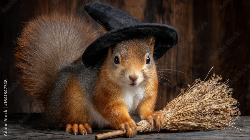 Obraz premium Squirrel Wearing Witch Hat and Holding Tiny Broom in Rustic Setting