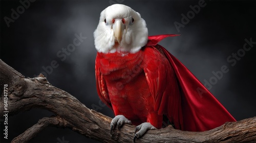 Vivid Parrot with Snowy White Head Wearing a Crimson Cape Perched on a Branch Against Dark Misty Background
