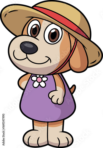 Cartoon dog standing upright, light brown and white fur, large straw hat with red band, purple dress, white flower, expressive eyes, cheerful smile