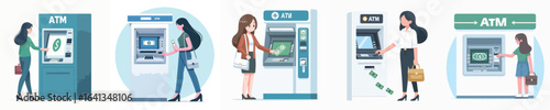 vector of woman taking money from ATM