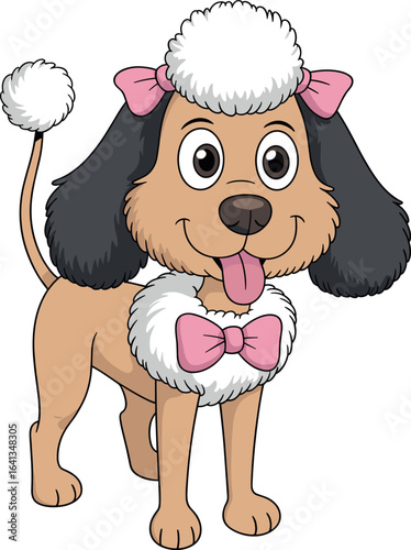 Cartoon dog with fluffy white fur, pink bows, black ears, tan body, tongue out, cute accessorized pet character, fun animal illustration