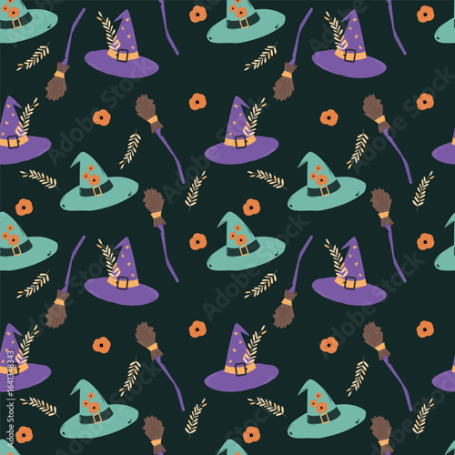 Halloween seamless pattern with hats. Vector illustration