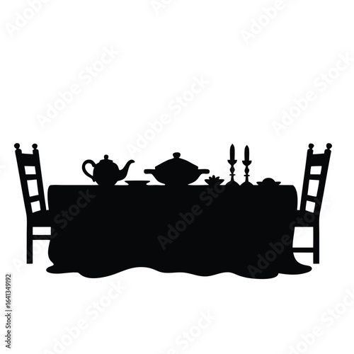 Black silhouette of a dining table set for two black and white