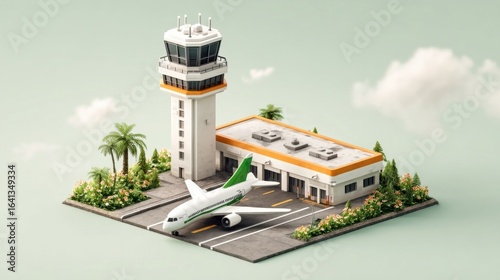 A miniature airport scene featuring a control tower, terminal, and airplane on a runway.