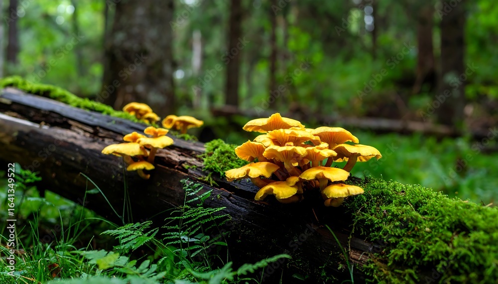 Cluster of bright yellow mushrooms on a fallen log in a forest. Cluster of bright yellow mushrooms on a fallen log in a forest.