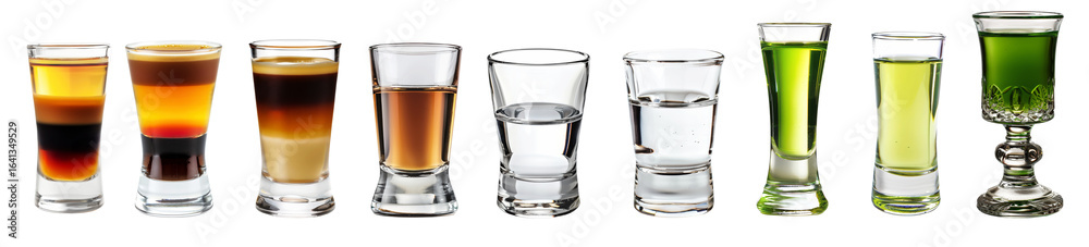 A lineup of layered and clear shots in various glasses, including B-52, Baby Guinness, whiskey, vodka, absinthe, and other liqueurs, displayed on a white background cut-out, clipping path A lineup of layered and clear shots in various glasses, including B-52, Baby Guinness, whiskey, vodka, absinthe, and other liqueurs, displayed on a white background cut-out, clipping path