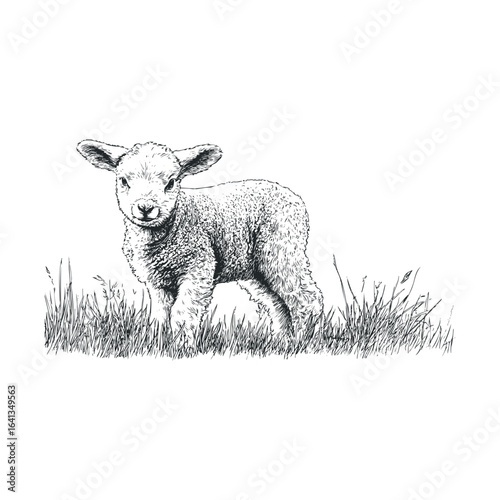 Cute lamb grazing in a meadow during springtime